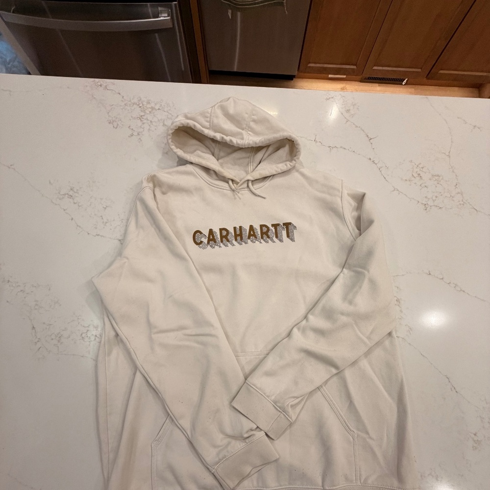 Carhartt Rain Defender Hoodie 2XL Tall Cream Loose Fit Logo Workwear Sweatshirt